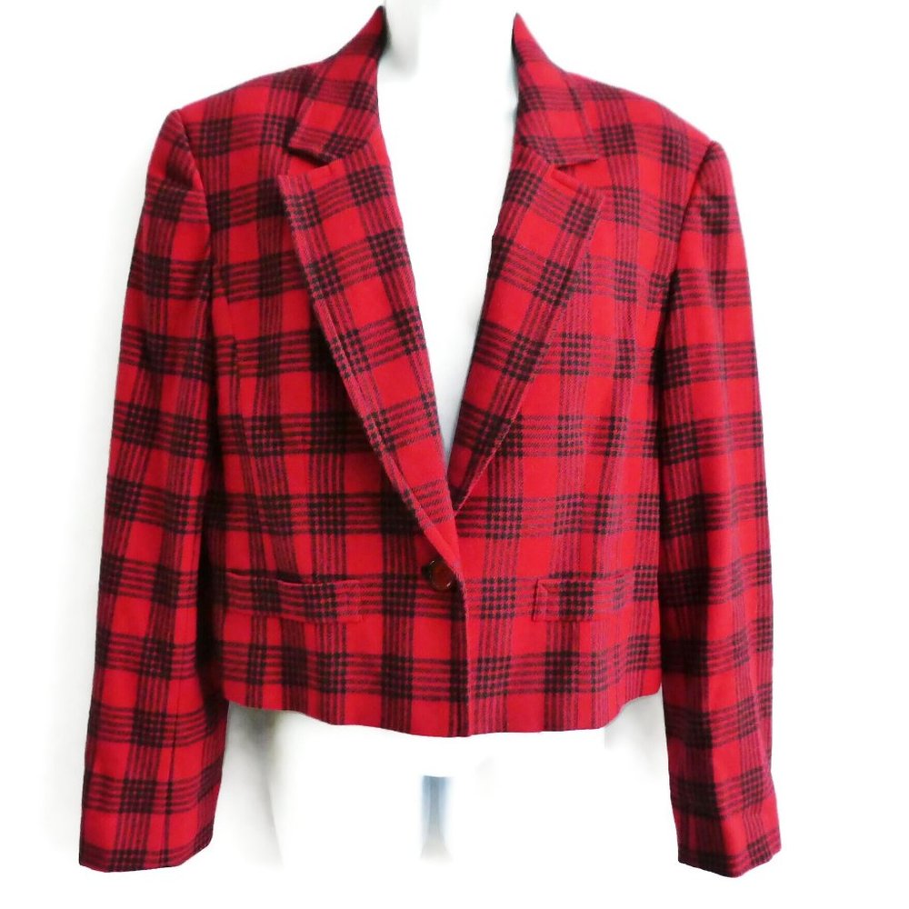 Vintage 70s Pendleton Virgin Wool Plaid Red Black Blazer Notched Shawl Lined L